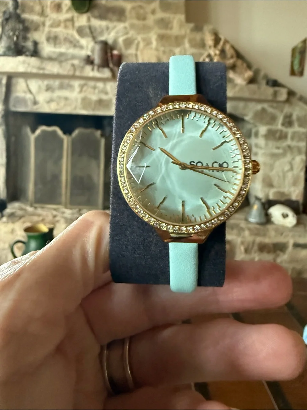 SO & CO New York SoHo Women's Watch - Gold w/ Crystal Bezel & Mint Green Leather